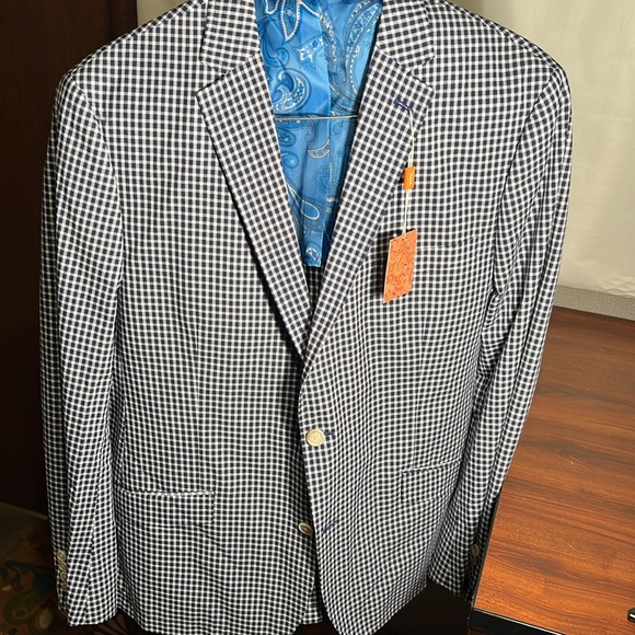 TALLIA, NWT, 44reg, FRESH PRESSED navy & white check blue Paisley lining blazer - Picture 10 of 11